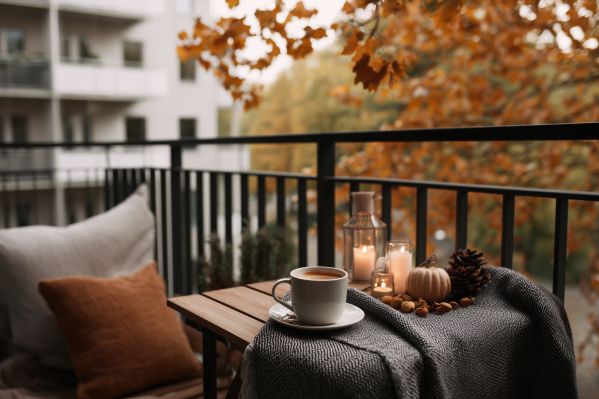 Beautiful Fall Cozy Relaxation on Balcony with Coffee Free Image