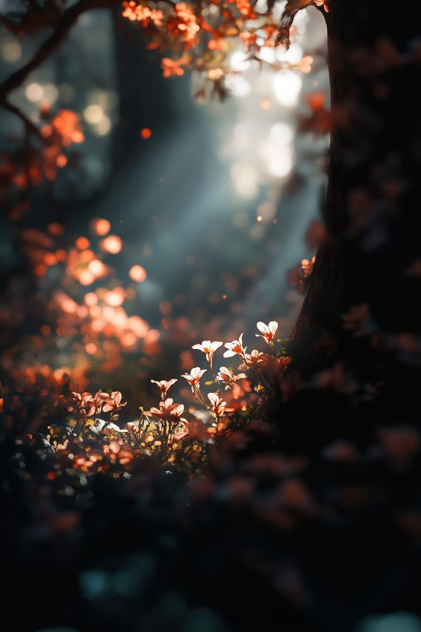 Beautiful Forest Flowers in Morning Sun Rays Free Image