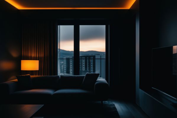 Dark Interior Apartment with View of Other Buildings and Panorama Free Image