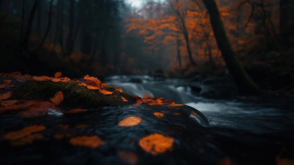 Detail of Fallen Autumn Leaves in a River Free Image