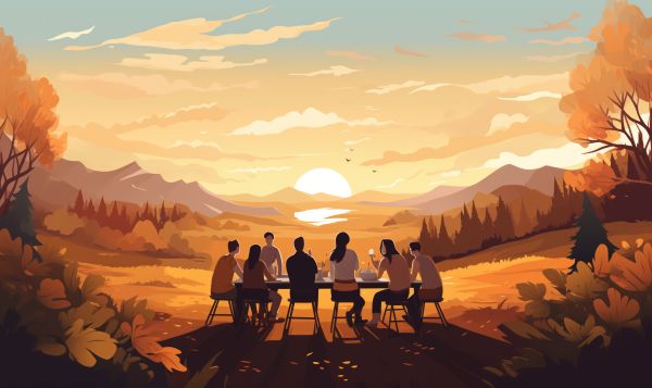 Illustration of Sunset at Friendly Thanksgiving Dinner Free Image