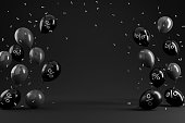 Black Friday sale with percent in black glossy balloon on black background, minimalist poster, 3d rendering, for product or copy space.
