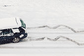 A Car Skids Dangerously Down A Slippery Ice And Snow Covered Street In Winter.