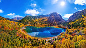 Panorama of Jiuzhaigou in autumn, Sichuan in China.