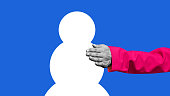 Contemporary art collage. Pink-sleeved hand reaches towards white snowman against vibrant blue background.