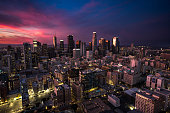Wide Aerial Shot of Downtown Los Angeles at Sunset