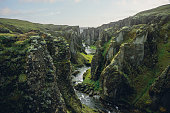 Majestic Fjadrargljufur Canyon with a Serpentine River in South Iceland