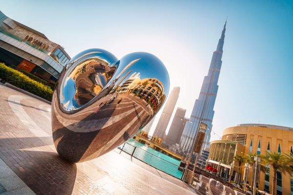 Large Chrome Heart at Dubai Mall and Dubai Fountain Free Photo
