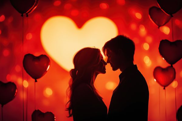 Loving Couple with Heart Balloons Everywhere Free Image