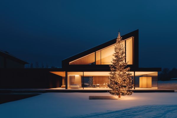 Luxury Minimalist Villa With Large Christmas Tree in the Garden Free Image