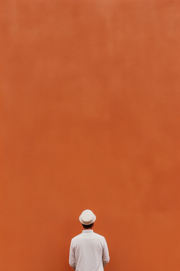 Minimalist Background with a Man in White Summer Hat and Suit Free Image