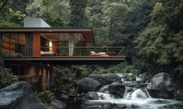 Modern Luxury Villa With Terrace Over the River Amidst the Forest Free Image