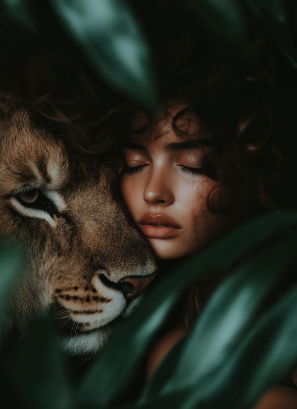 Portrait of a Woman and a Lioness Free Image