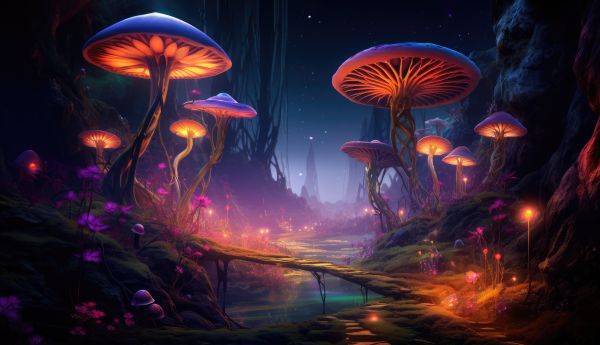 Psychedelic Fantasy World with Glowing Mushrooms Free Image