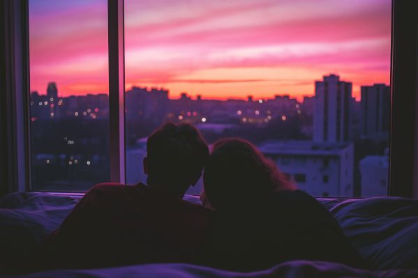Romantic Couple Watching Sunset over Los Angeles from Their Apartment Free Image
