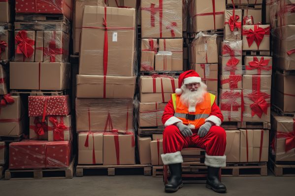 Santa in His Distribution Warehouse Full of Gifts Free Image