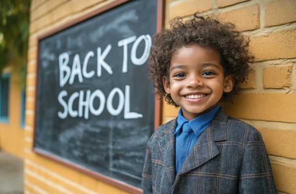 Smiling Little Black Boy Next to Back to School Sign Free Image