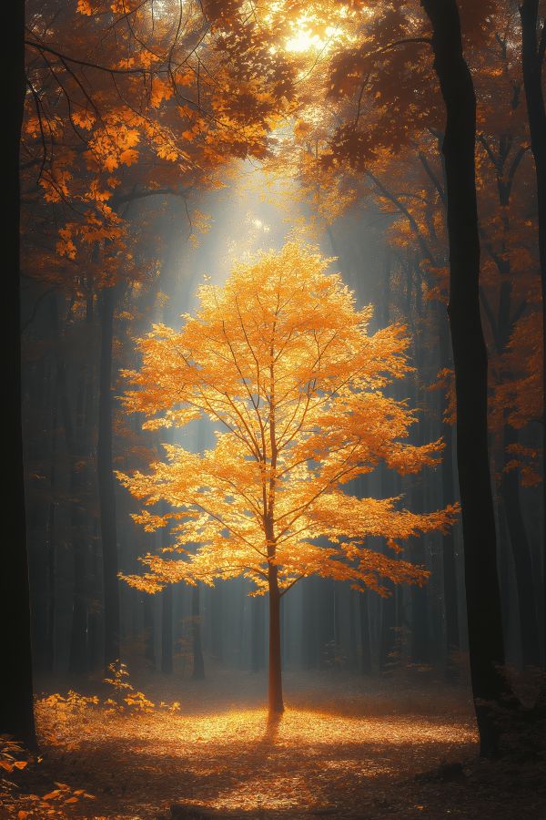 Solitary Tree with Yellow Autumn Leaves in the Middle of the Forest Free Image