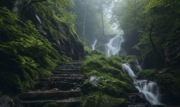Waterfalls in the Middle of a Misty Forest Free Image