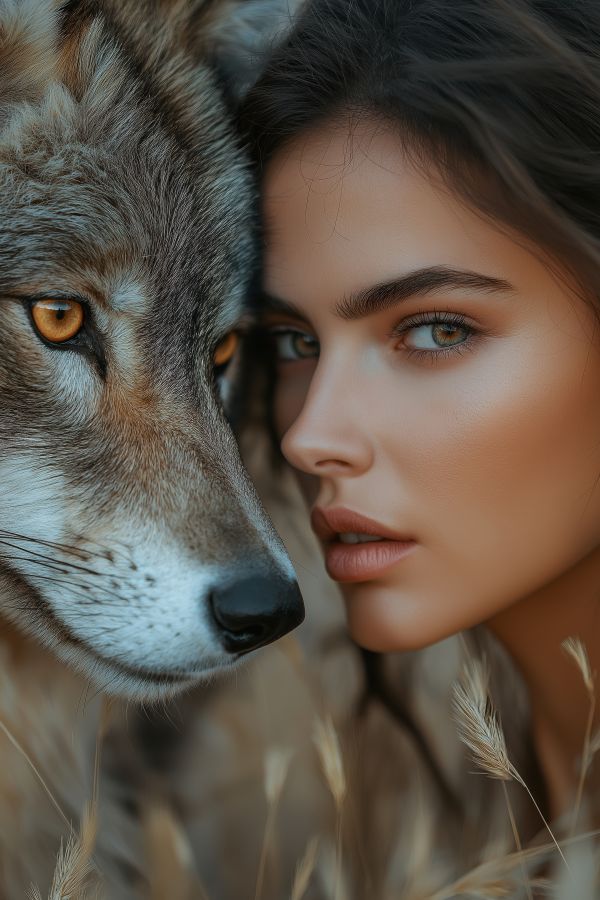Woman Portrait with Wolf Free Photo