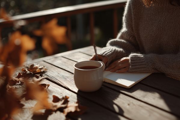 Woman Writing in a Journal With Coffee in Sunny Fall Free Image